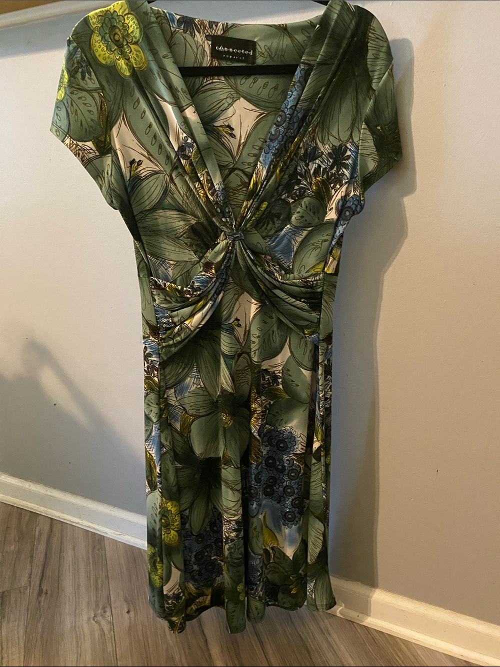 connected apparel Green Floral Twist-Front Midi Dress with Blue & Yellow Accents